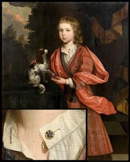 This unidentified portrait of a boy and his dog probably dates to the late 17th century. The close-up detail of the portrait shows linked buttons hanging from the open shirt collar.